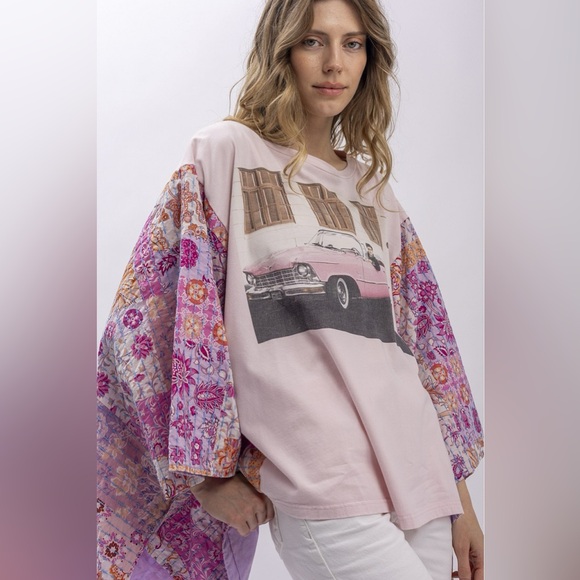 Blue Velvet-Women's Pink Graphic Long Sleeve Top with Floral Accents - Picture 2 of 2